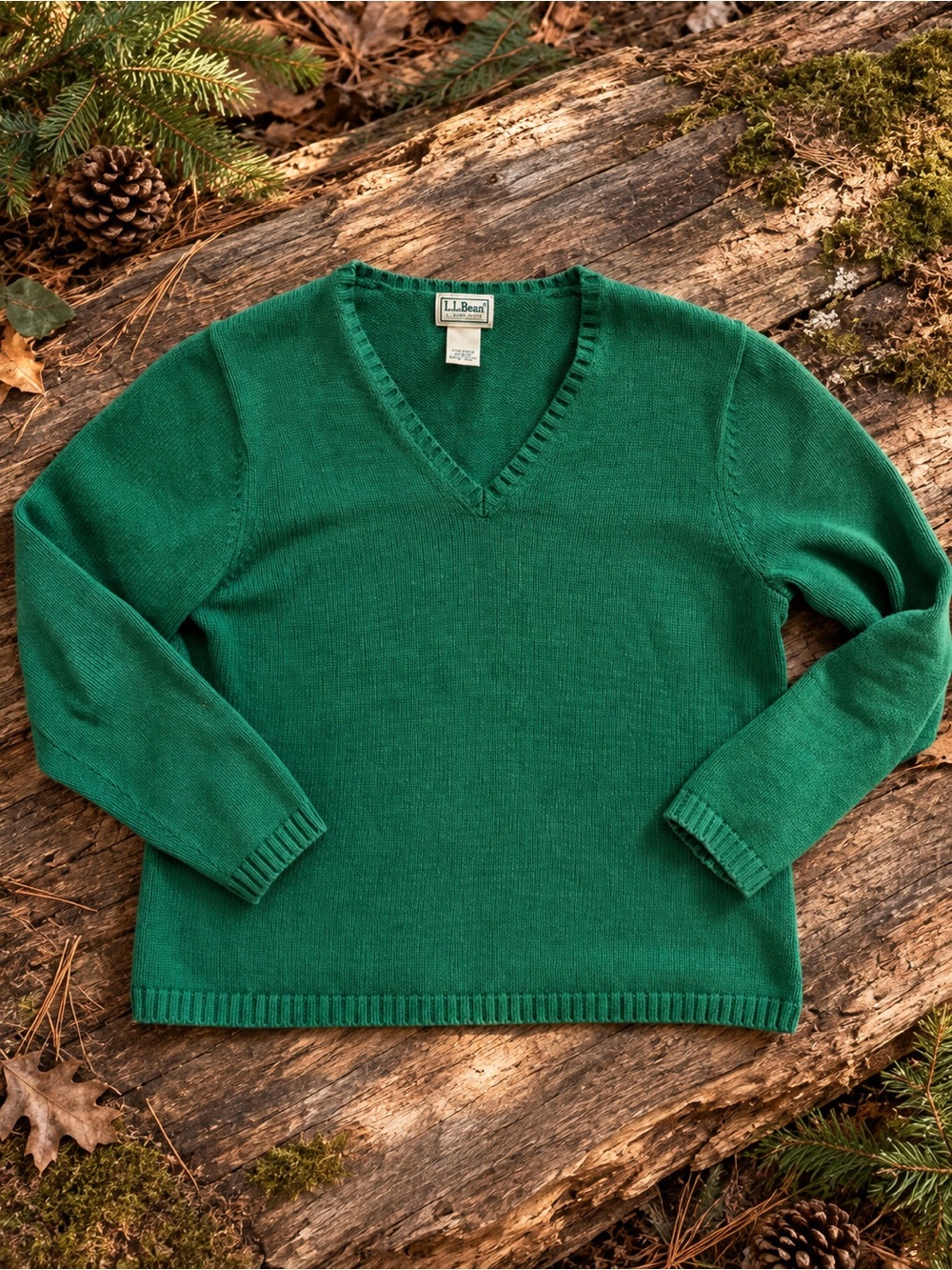 L.L.Bean Cotton V-Neck Sweater in Green Size Medium